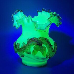 Antique Uranium Custard Glass Stevens & Williams Ruffled Vase Applied Acorns